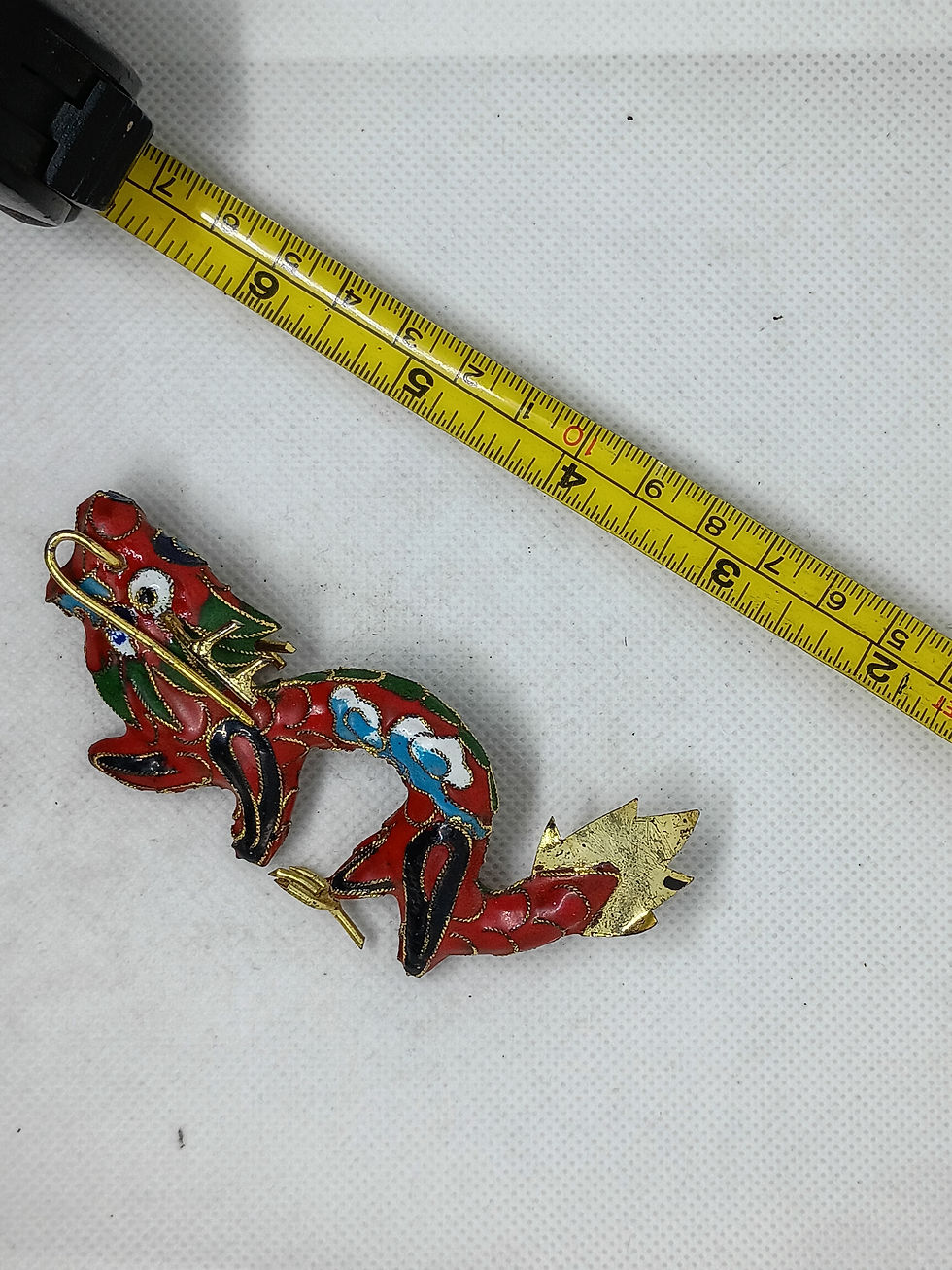 Thumbnail: 4" Vintage  Chinese red and gold cloisonné dragon brooch 