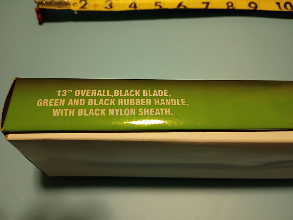 Thumbnail: 13"  Bowie - black stainless blade-green and black  rubber handle -nylon sheath