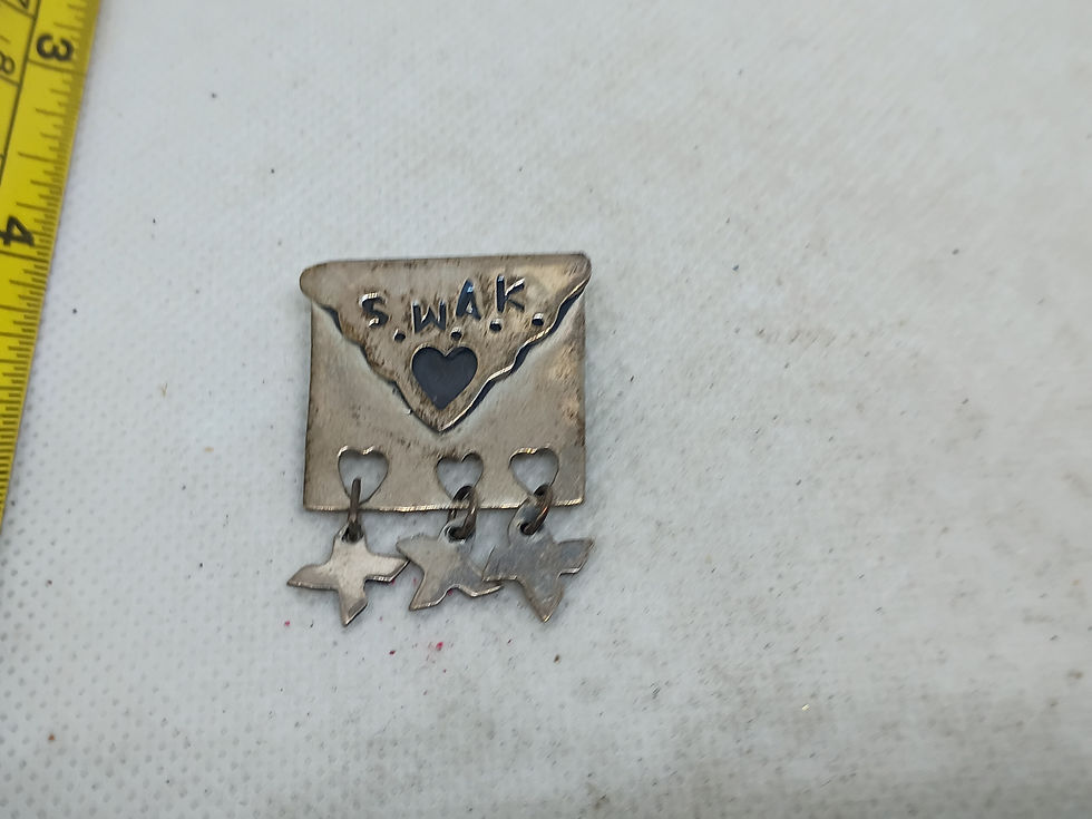 Thumbnail: Approx. 1.5" -vintage silver-toned "S.W.A.K." envelope dangle brooch