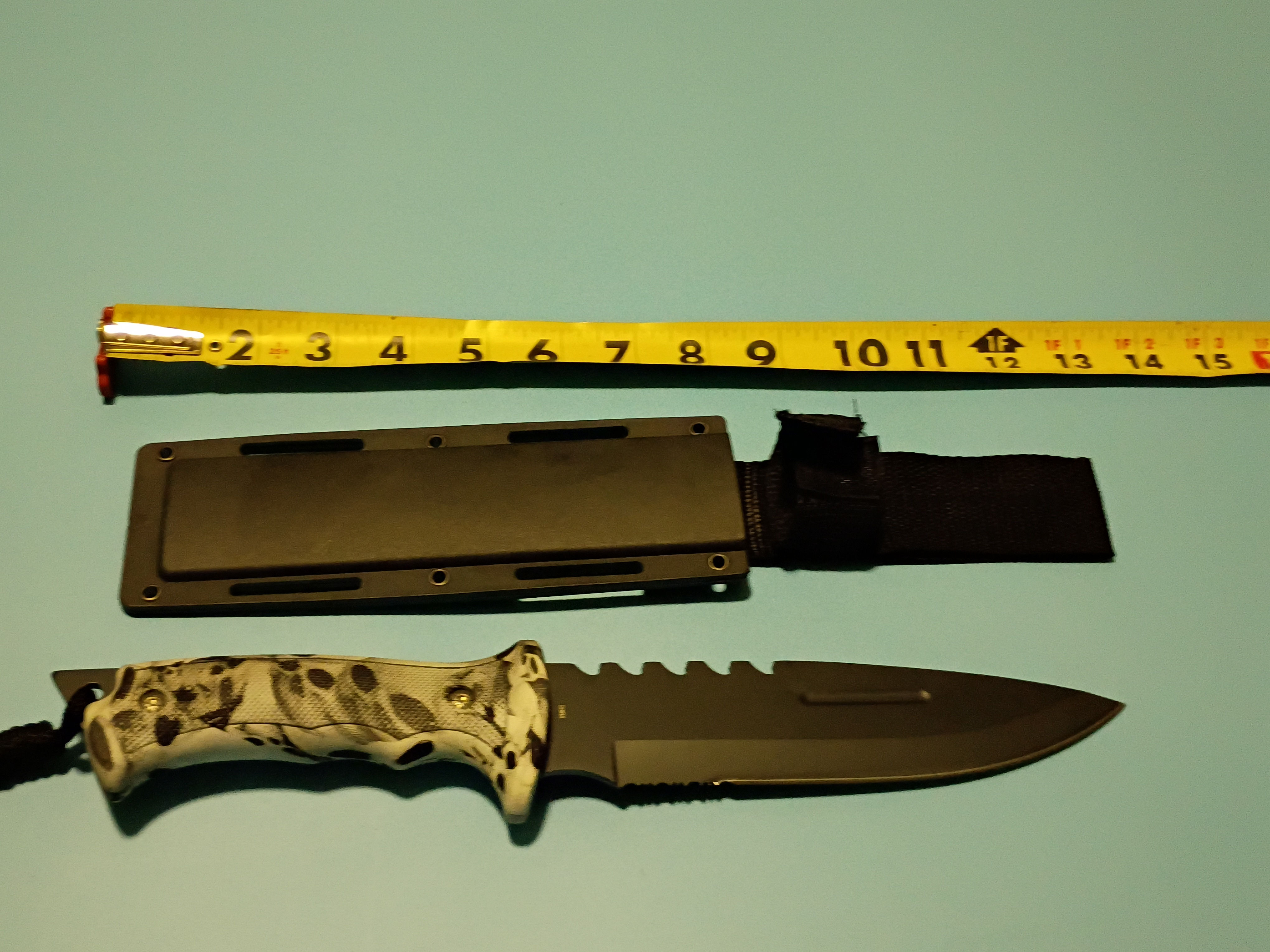 13" Black Stainless Steel blade - Skull camo rubber handle- Nylon sheath