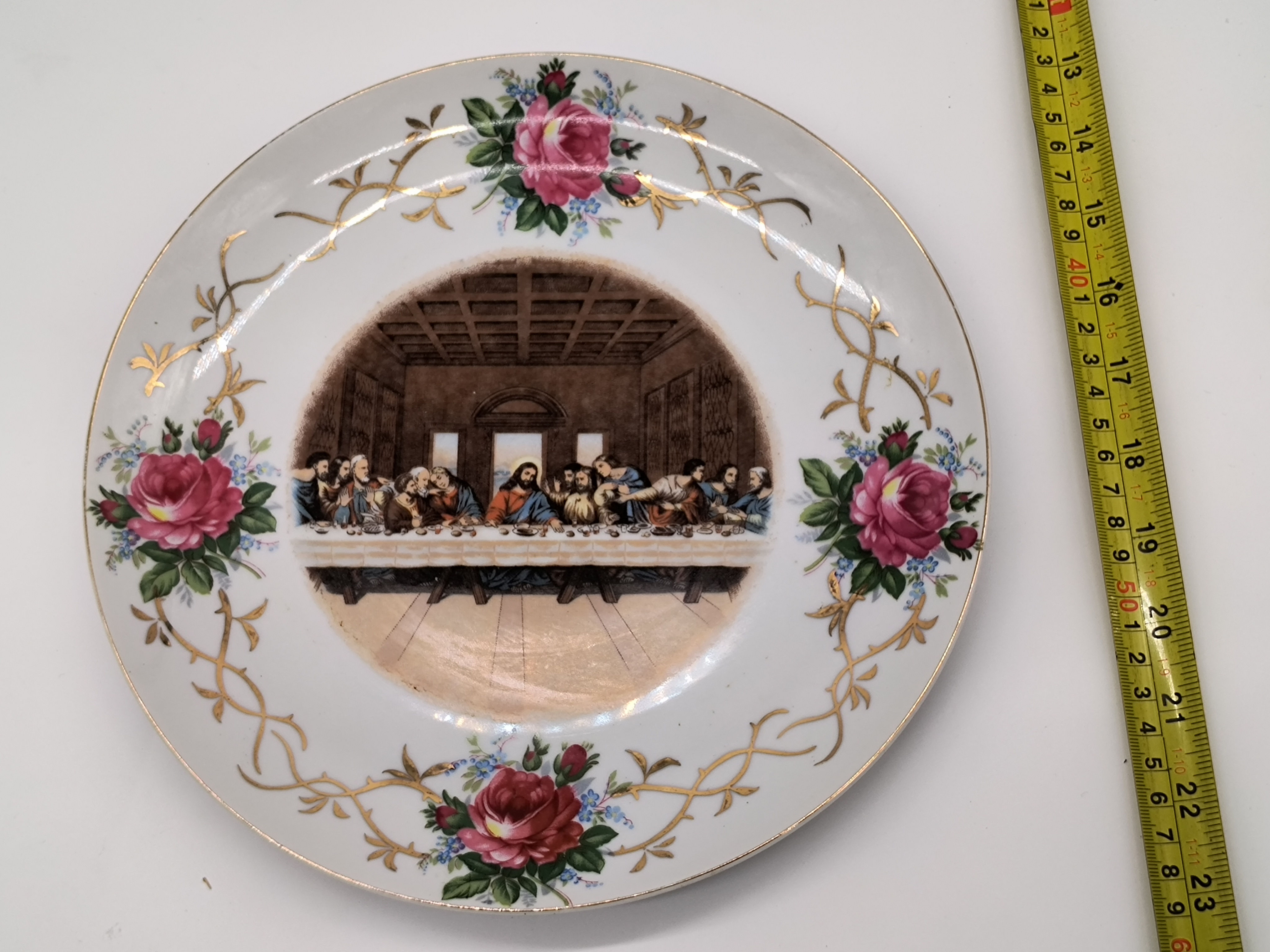 10" Vintage Porcelain Lord's Supper plate trimmed with Roses 