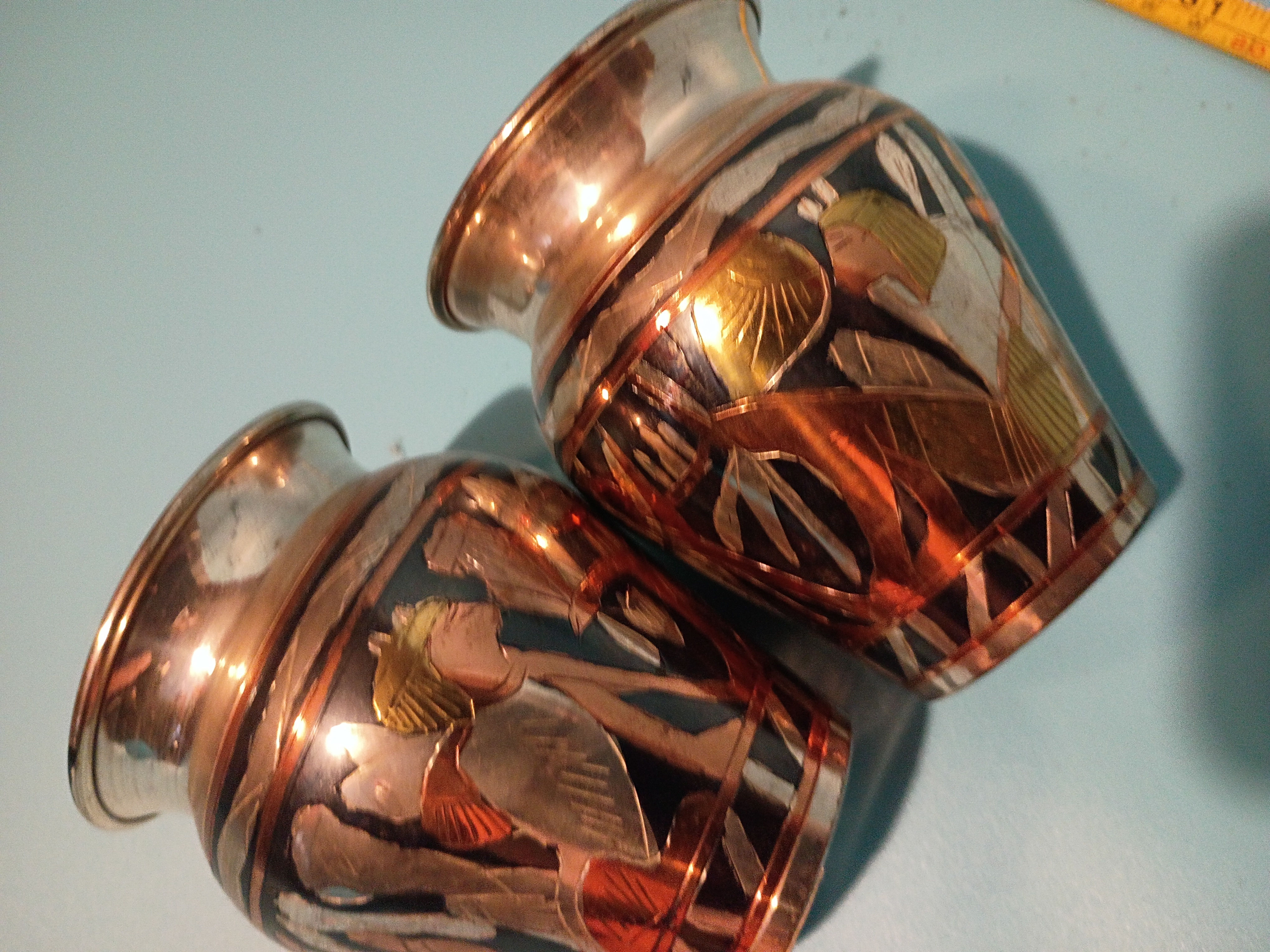 5" brass copper and silver pots from Egypt (set of 2)