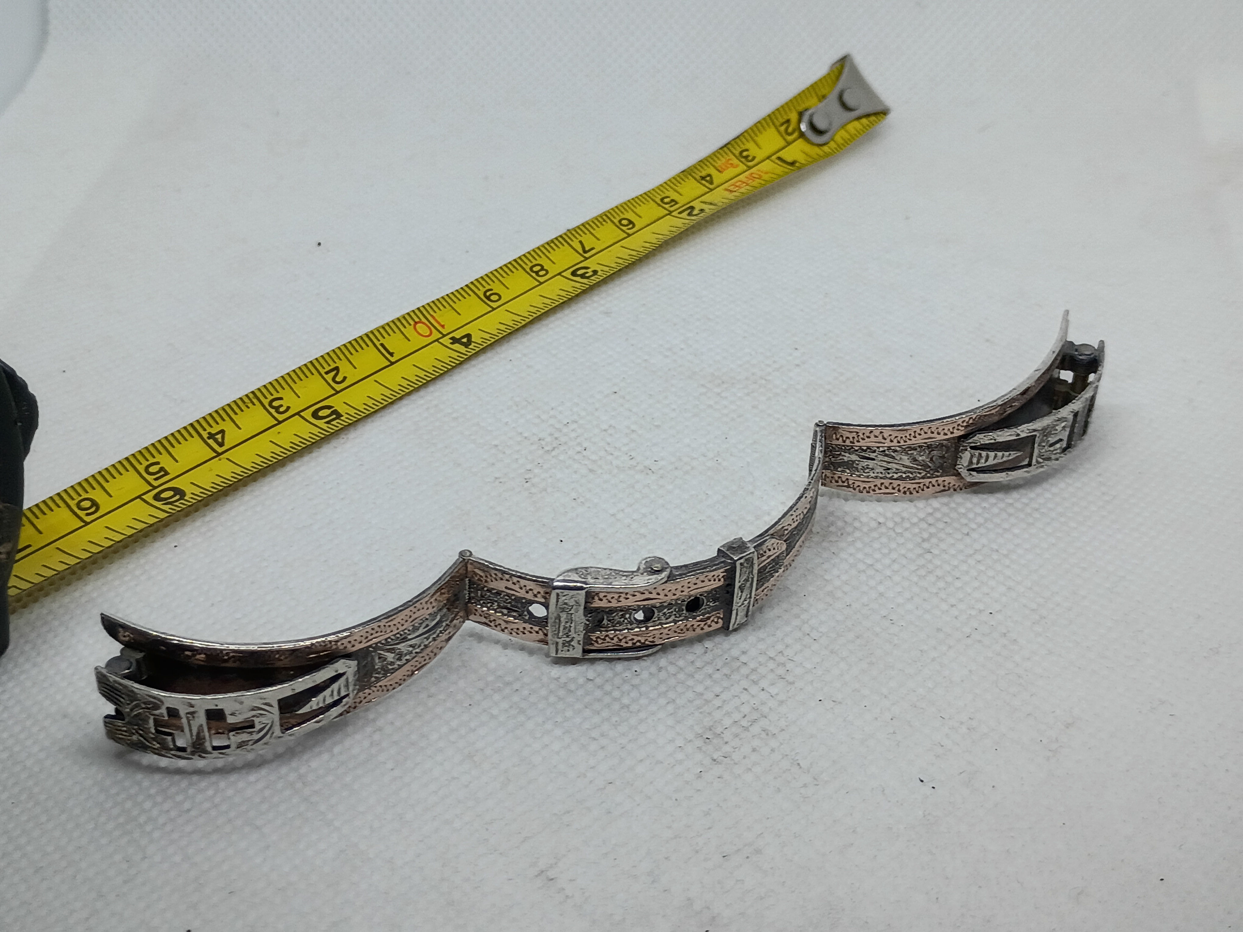 5" vintage 925 Sterling silver and 10k gold watch band-engraved buckle designs