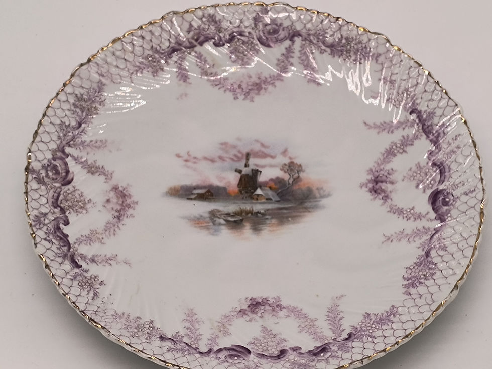 Thumbnail: 8" Vintage Porcelain - This antique plate features a purple transferware design