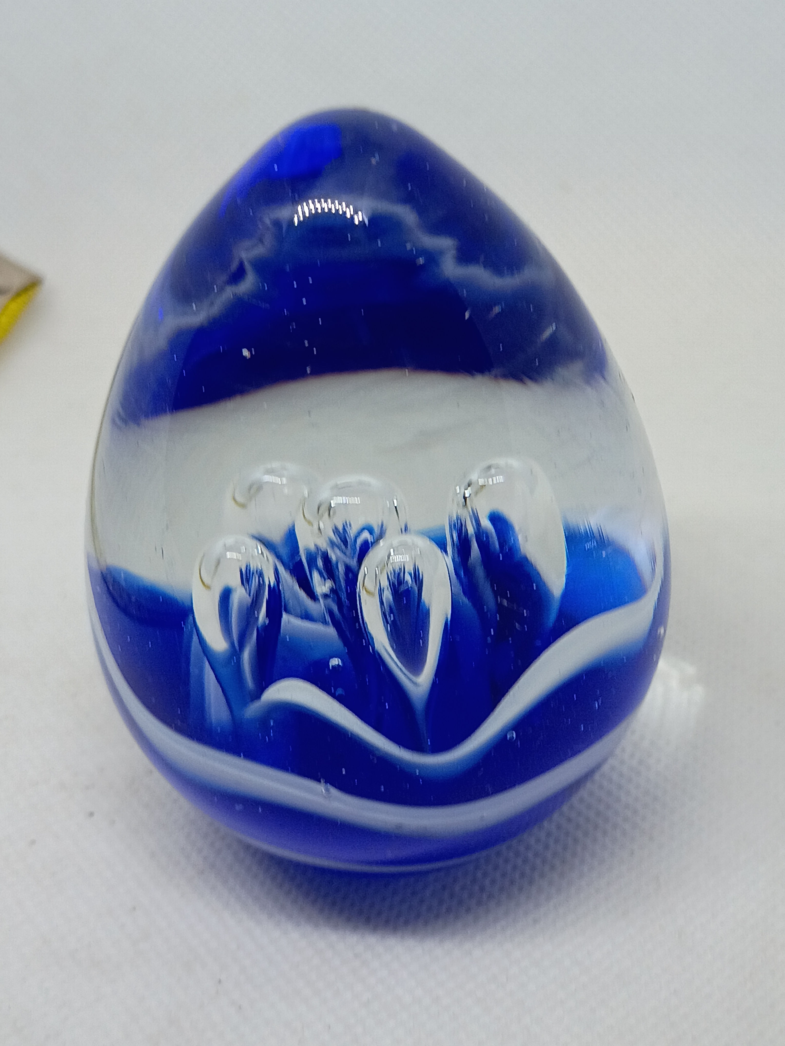 3.5" Hand-blown, egg-shaped art glass paperweight-cobalt blue glass- air bubbles