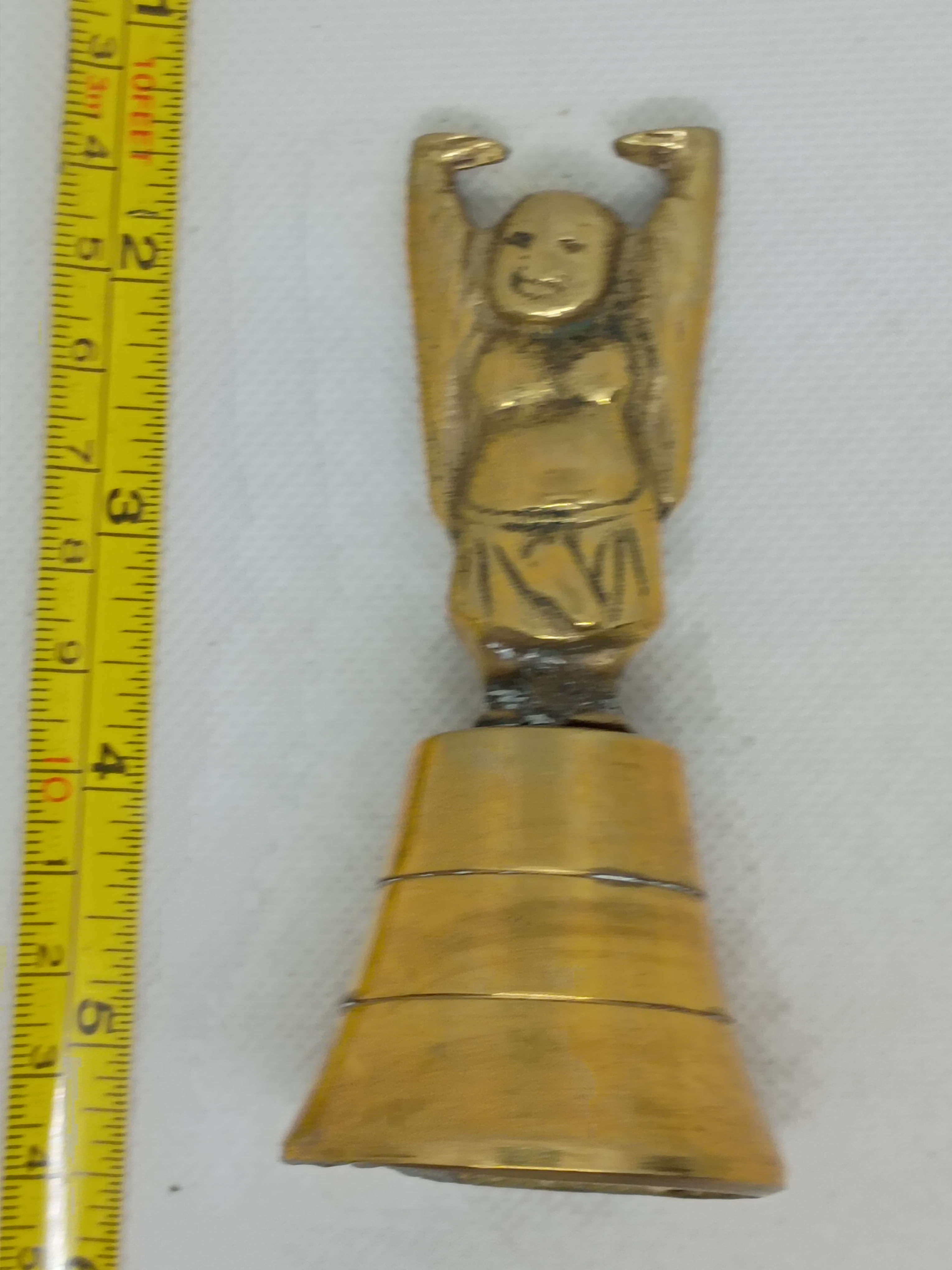 4" tall vintage brass figural bell featuring a Happy Buddha handle