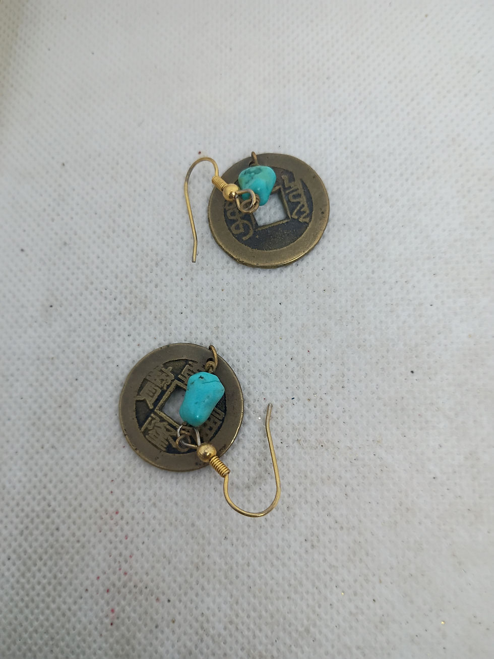 Thumbnail: 2.5" - bohemian-style dangle earrings w/ antiqued brass Chinese replica coins