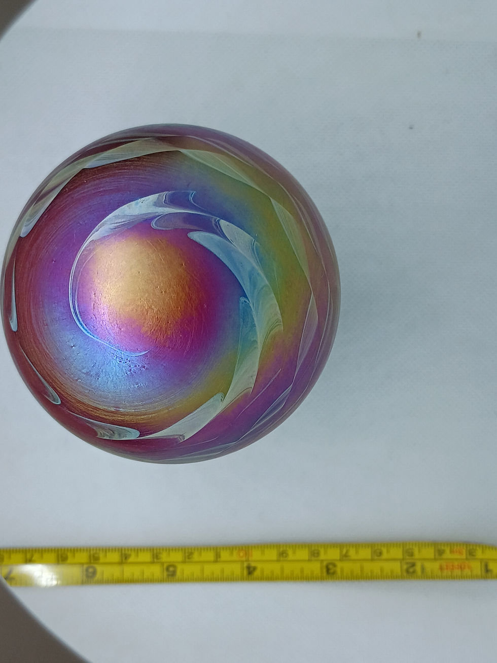 Thumbnail: 3.5" round multicolored art glass paperweight with stand