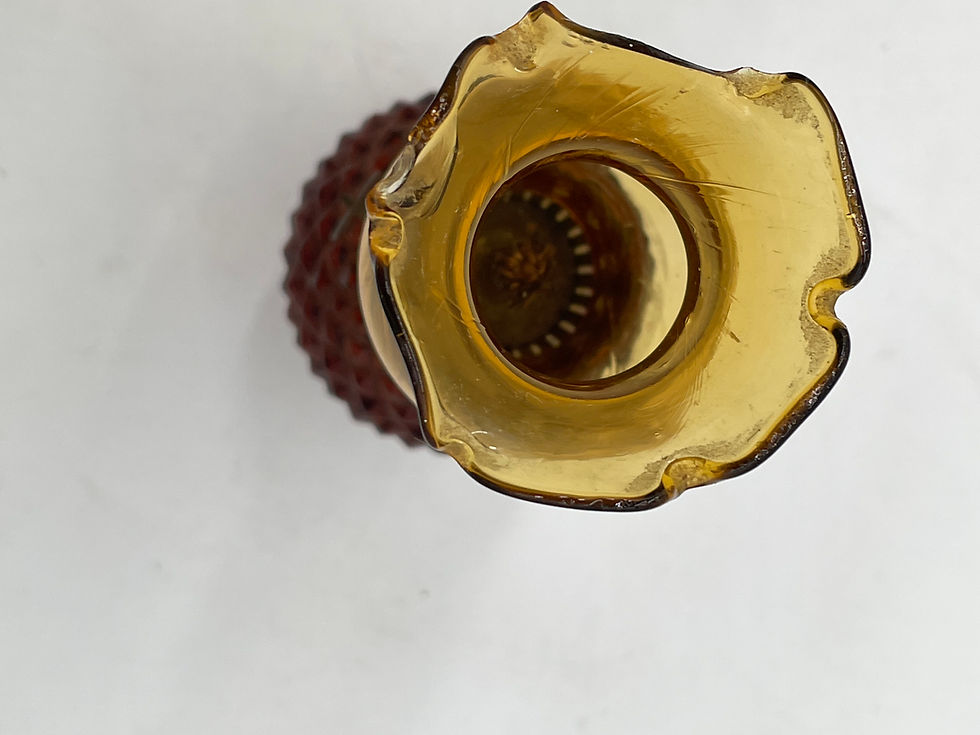 Thumbnail: 11" tall+  amber glass oil lamp - metal base with chimney