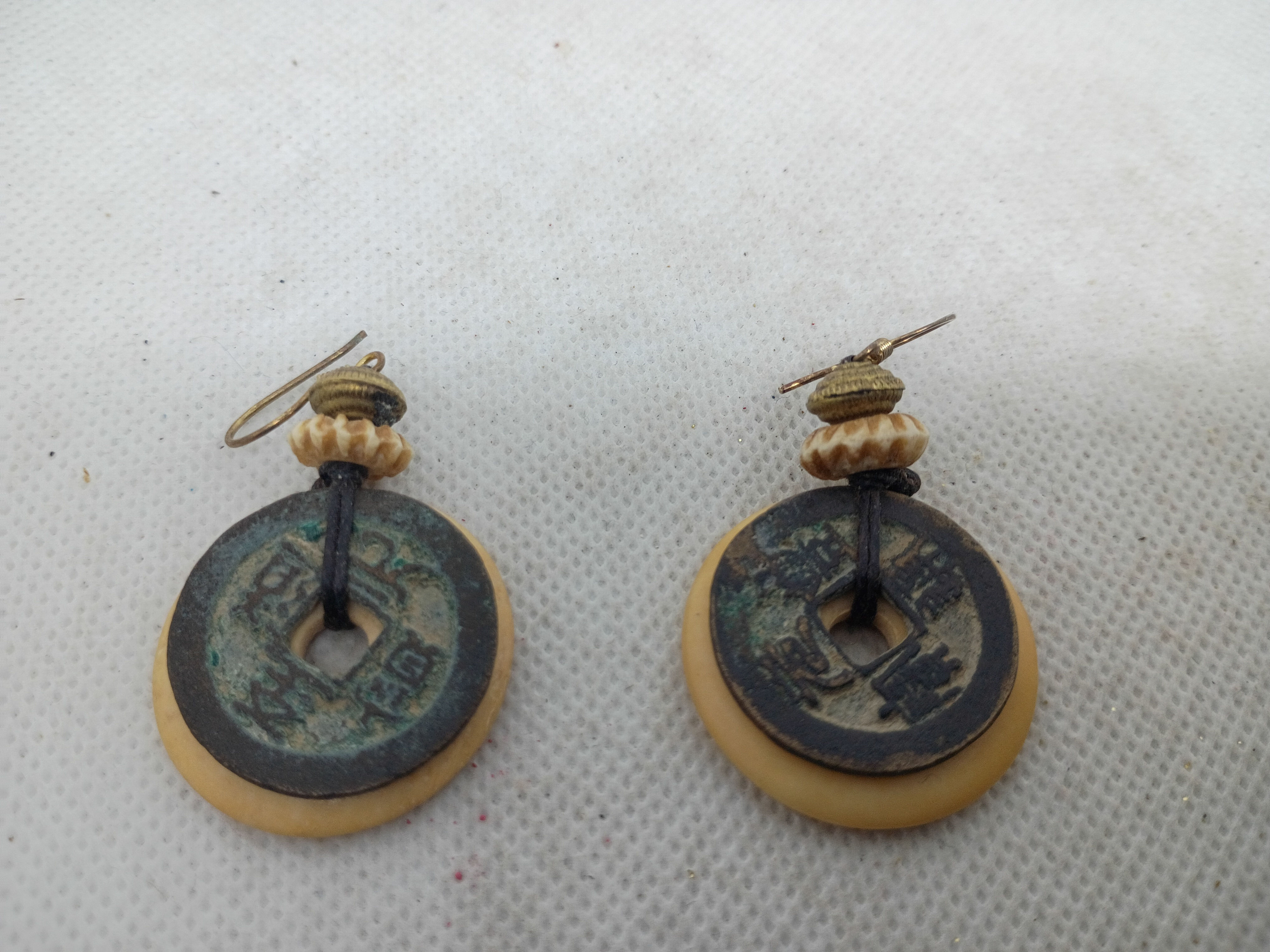 Handcrafted dangle earrings w/ square-hole Chinese cash coins in bone or resin
