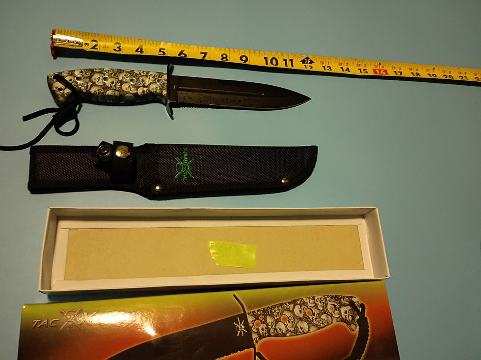 Thumbnail: 12" Black Stainless Steel blade - White skull rubber handle- 1680D nylon sheath