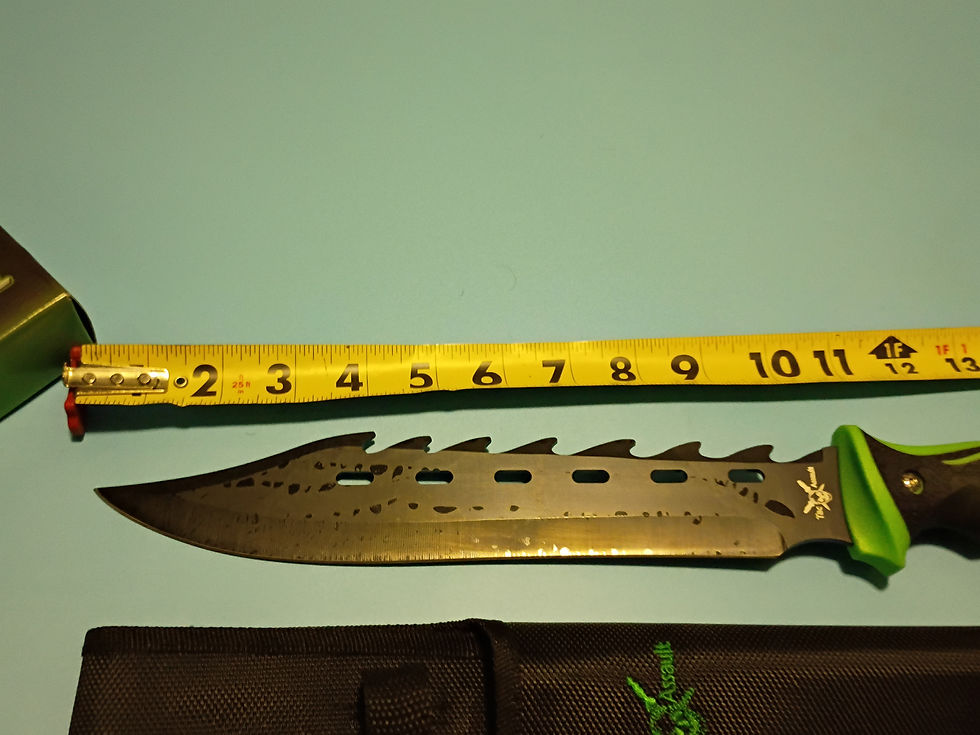 Thumbnail: 15"  Bowie - black stainless blade-green and black  rubber handle -nylon sheath