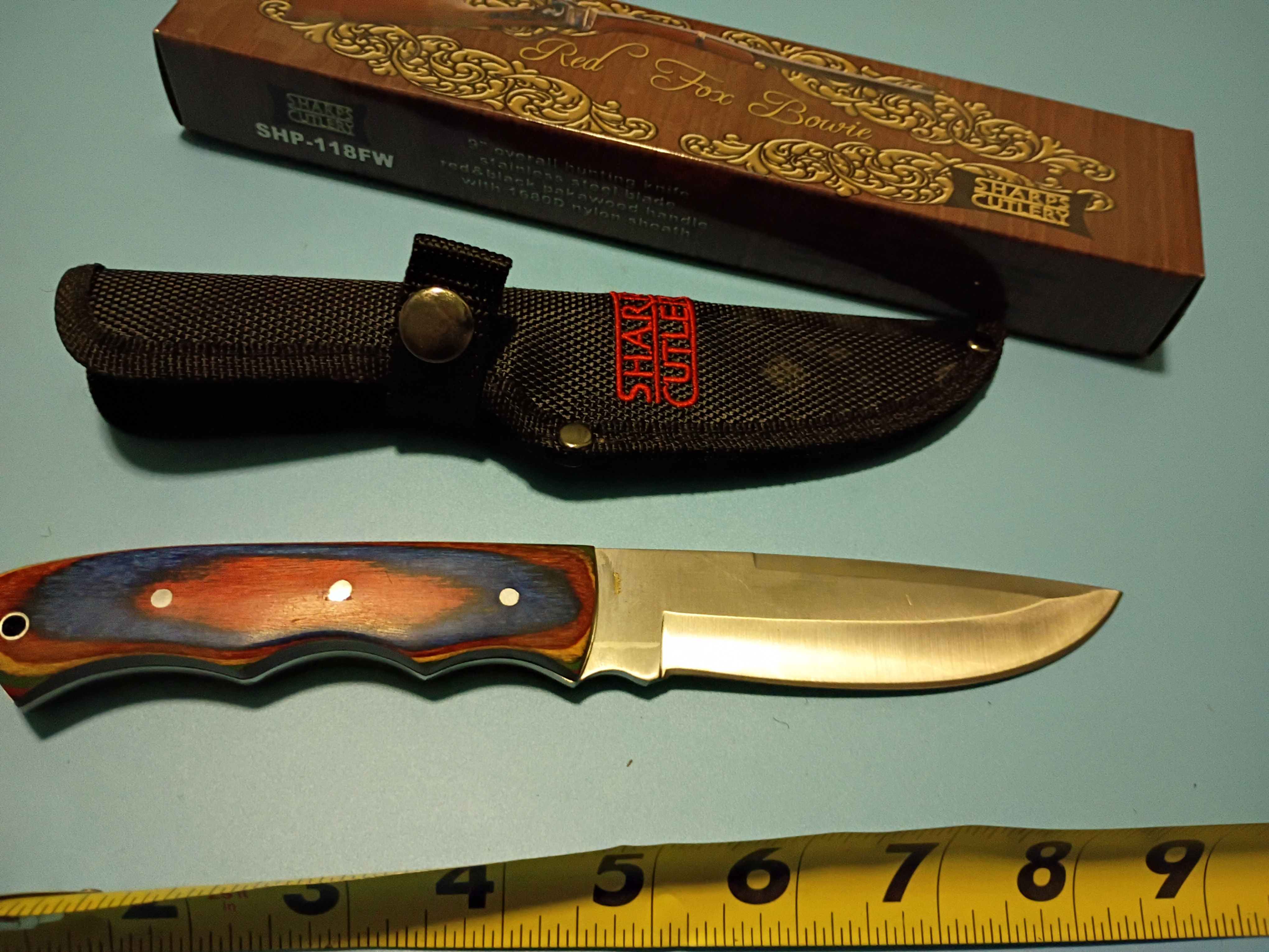 9" Bowie -stainless blade -red and black- pakawood handle-1680D Nylon Sheath
