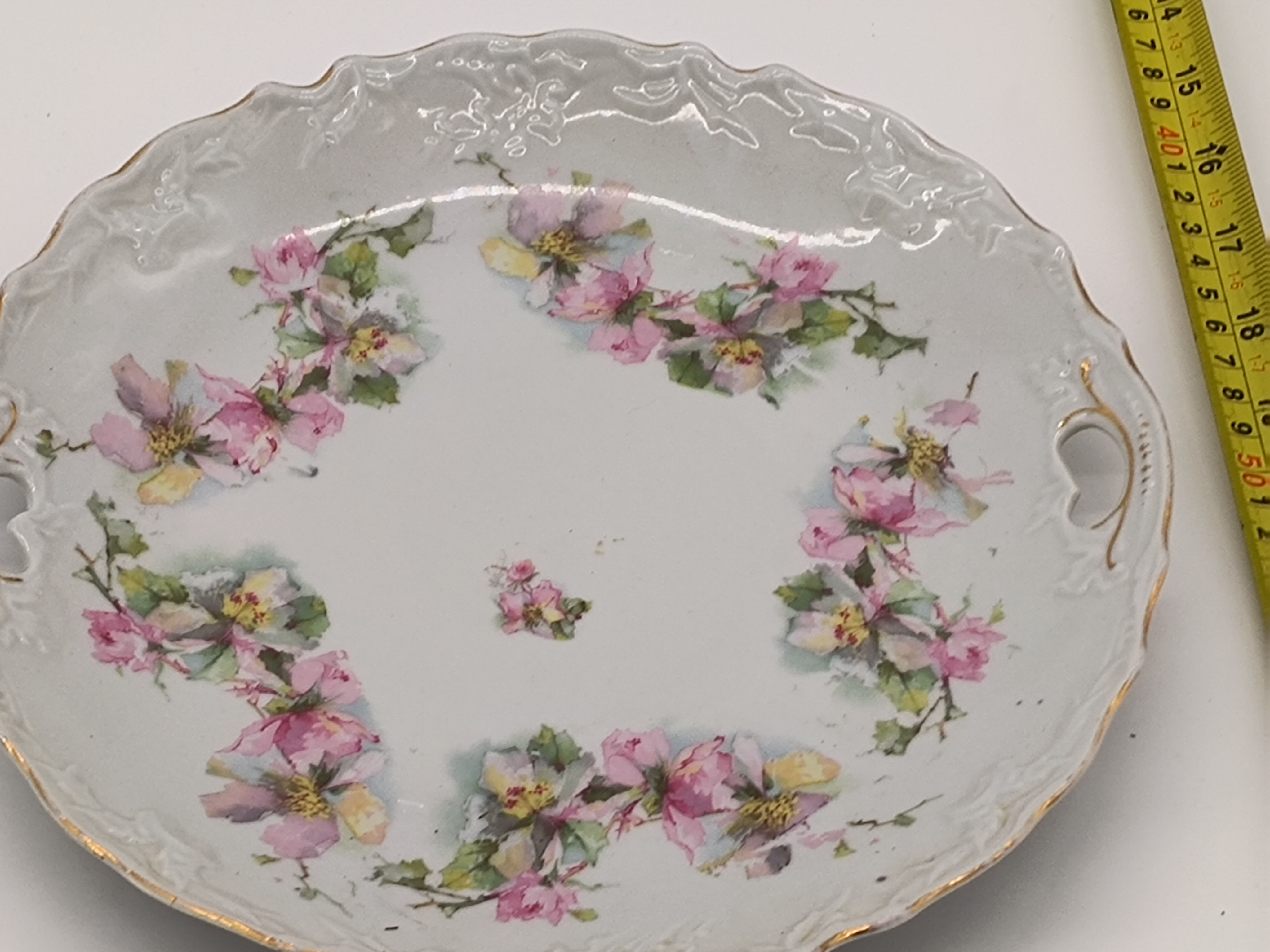 10" Porcelain flower decor plate with heart cutouts on the sides for handles