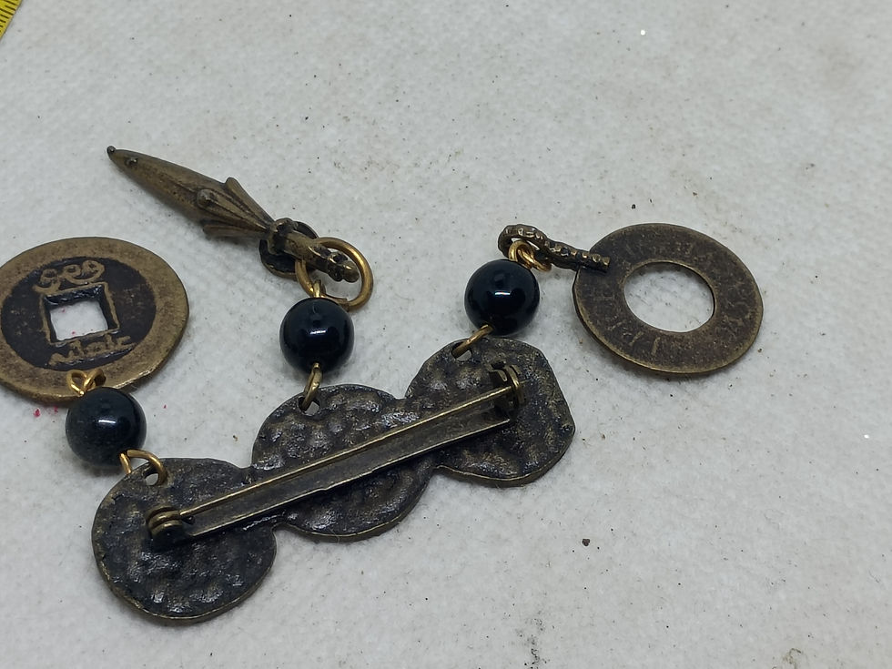 Thumbnail: Vintage costume jewelry brooch  dangling charms w/ black bead accents and coins