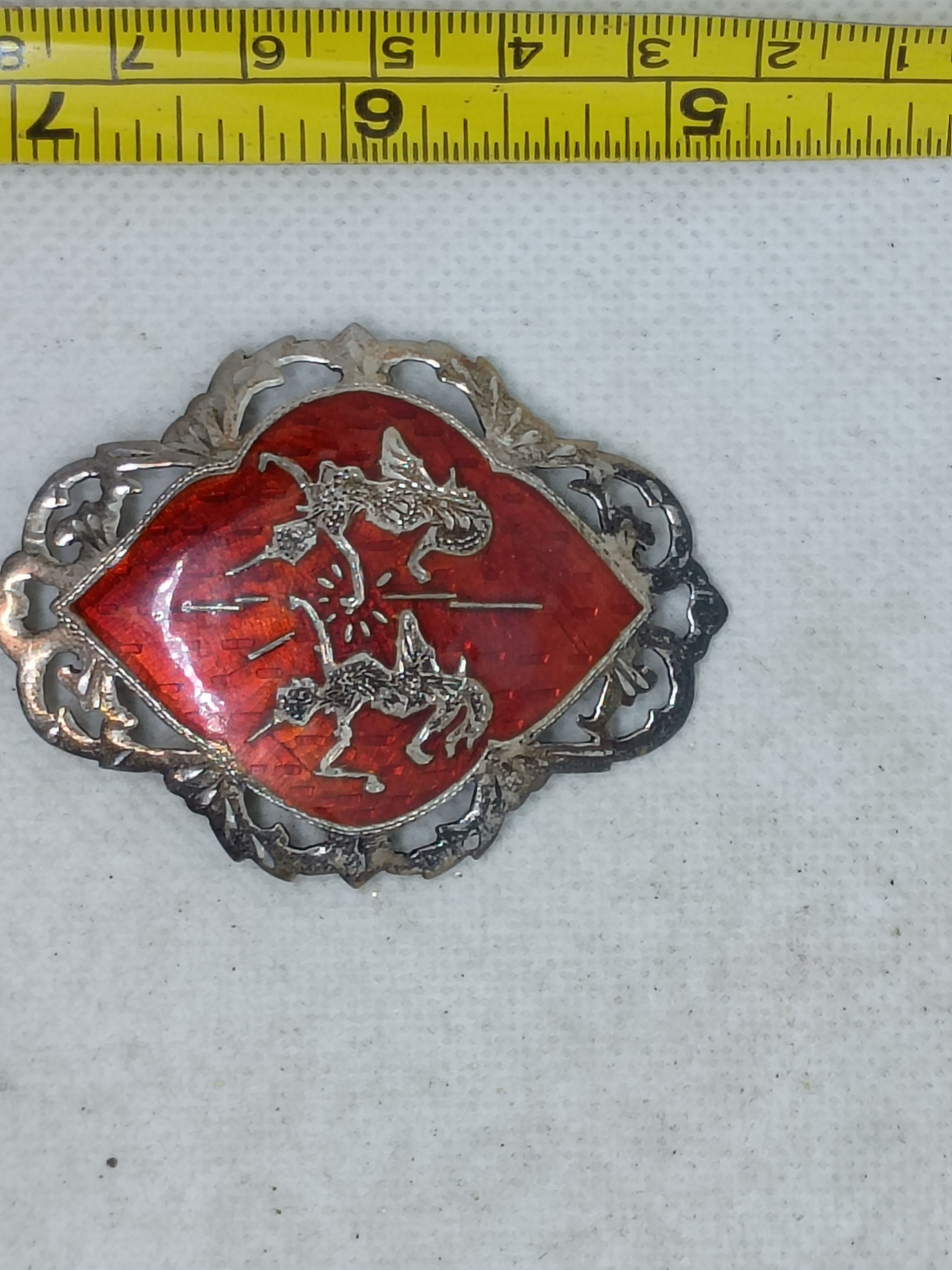 Approx. 2.25" vintage Siam sterling silver and red enamel brooch 