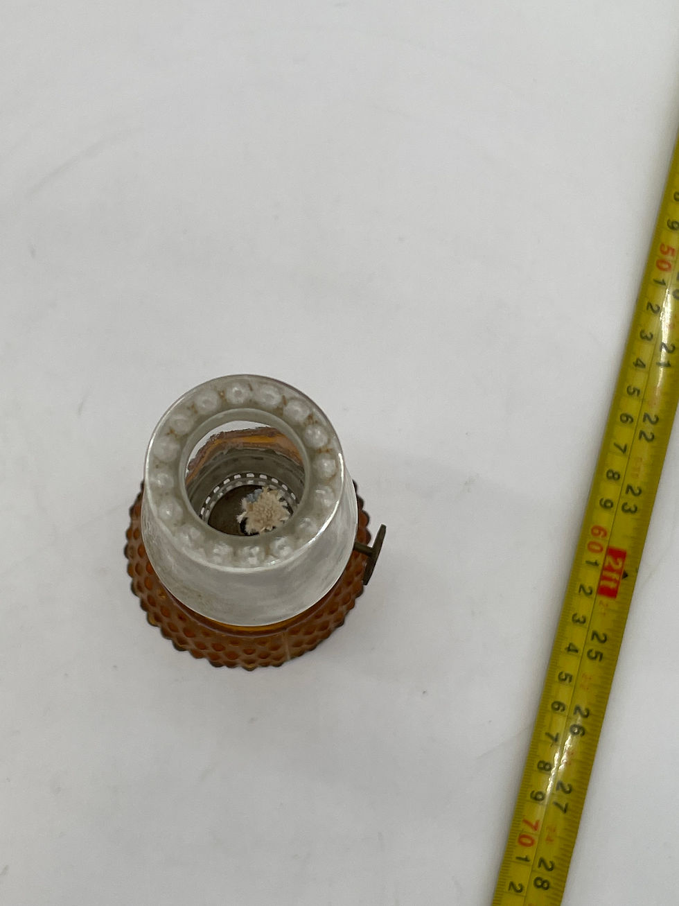 Thumbnail: 11" tall+  amber glass oil lamp - metal base with chimney