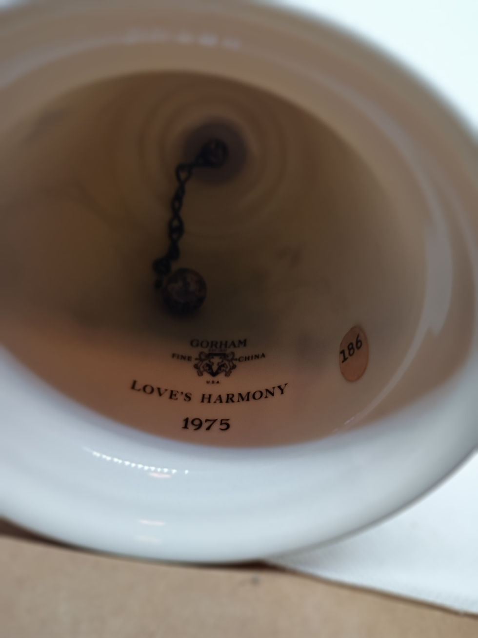 Thumbnail: 9" Porcelain bell w/ Wood Handle- "Love's Harmony"  Norman Rockwell 1975