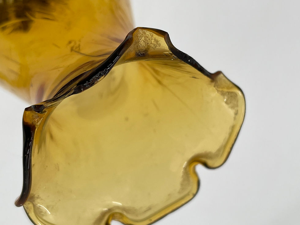 Thumbnail: 11" tall+  amber glass oil lamp - metal base with chimney