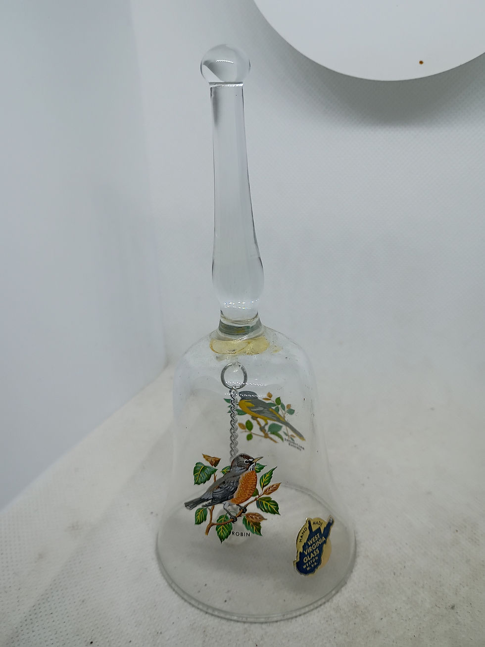 Thumbnail: Approx. 6.5" tall- glass bell - Baltimore Oriole and Robin design - W Virginia 
