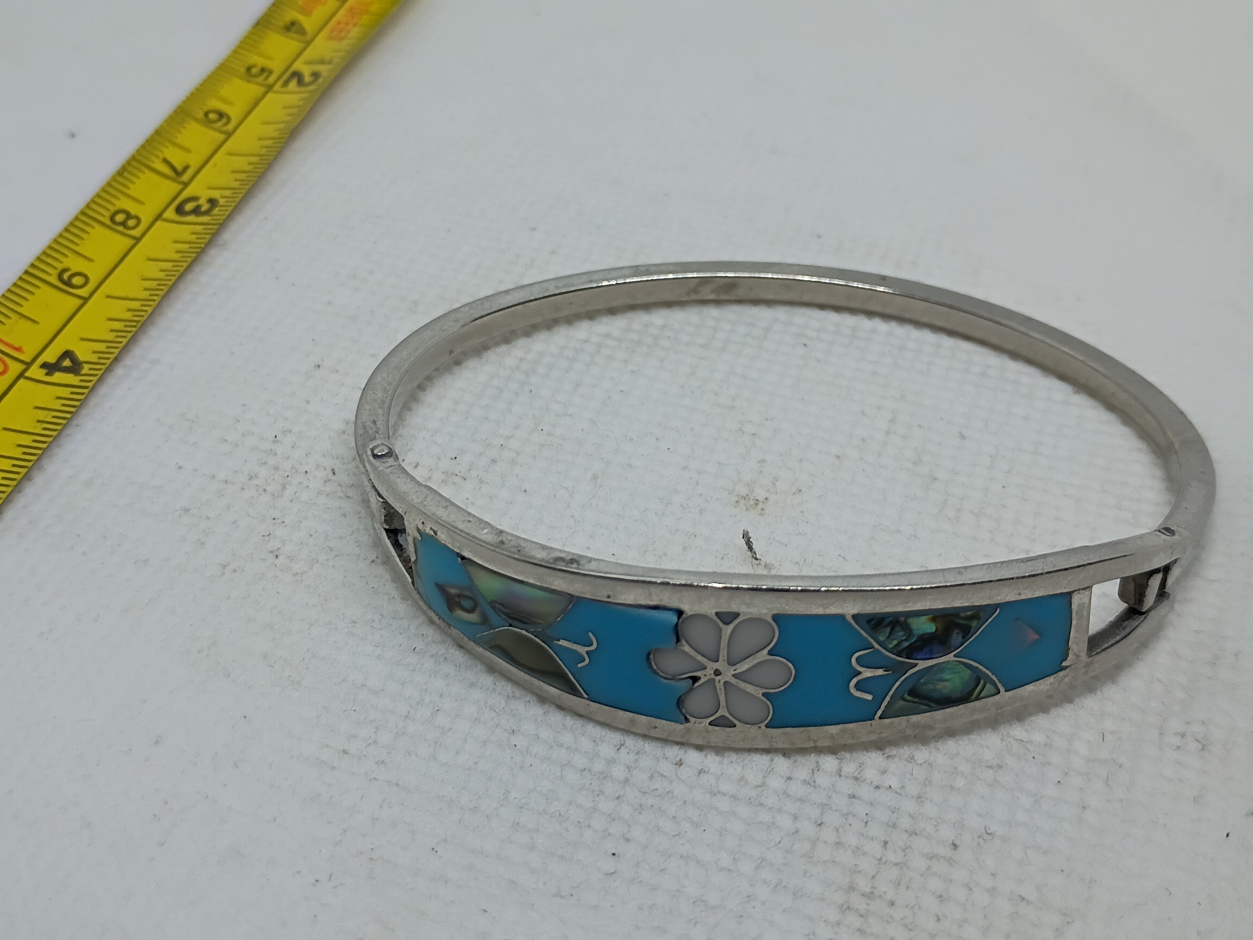 Approx.2.5" 925 Sterling silver hinged bangle bracelet  blue enamel and abalone 