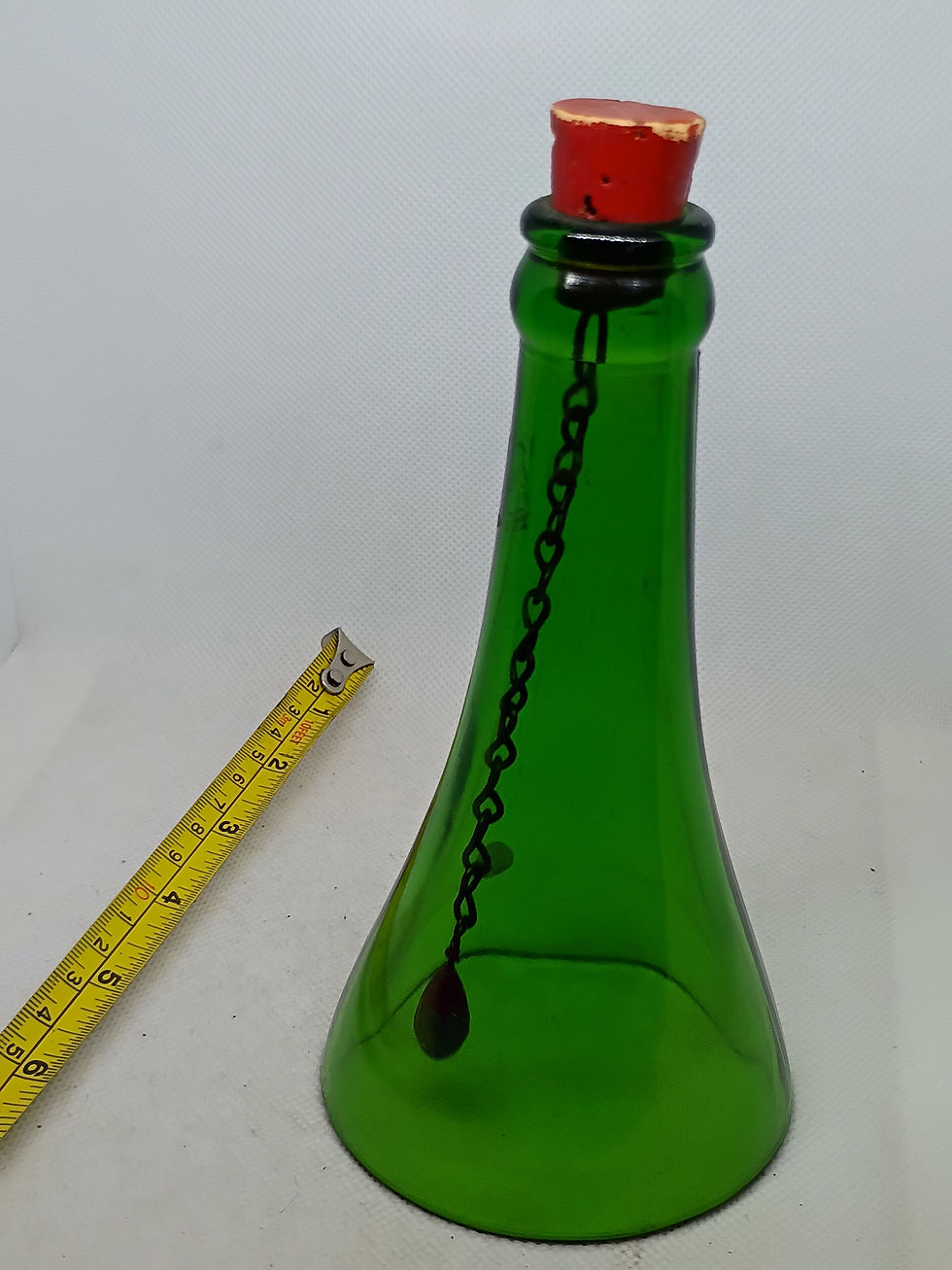 Thumbnail: 8" tall- Green wine bottle with cork Bell- possibly home made