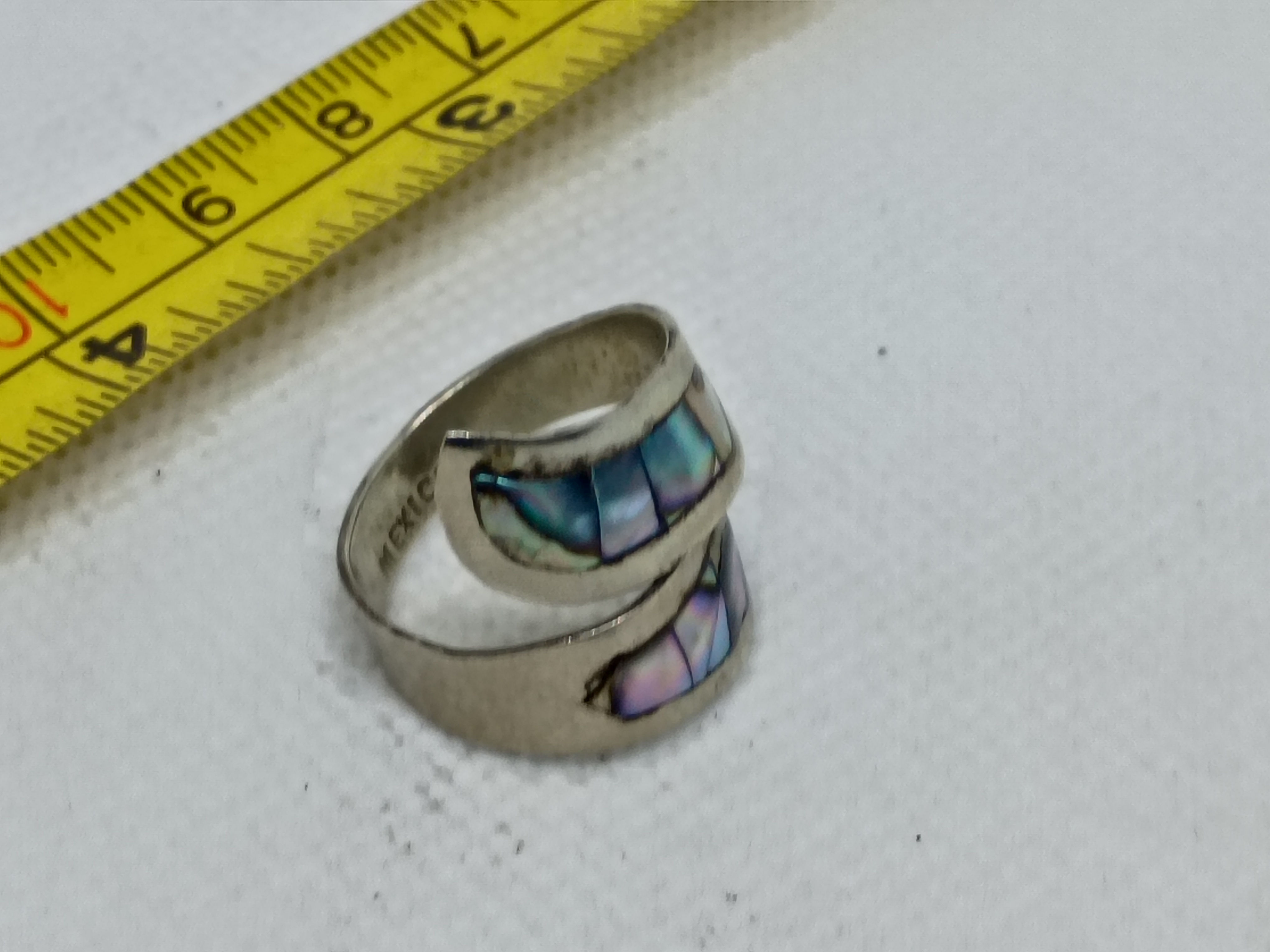 Adjustable size vintage Mexican sterling silver abalone bypass ring
