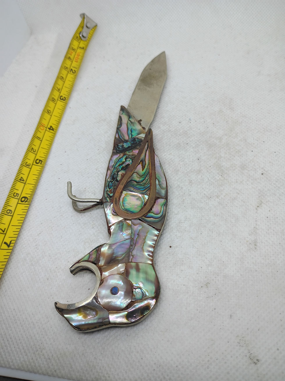 Thumbnail: 7" Vintage Mexican Alpaca silver and abalone shell bird bottle opener/barware