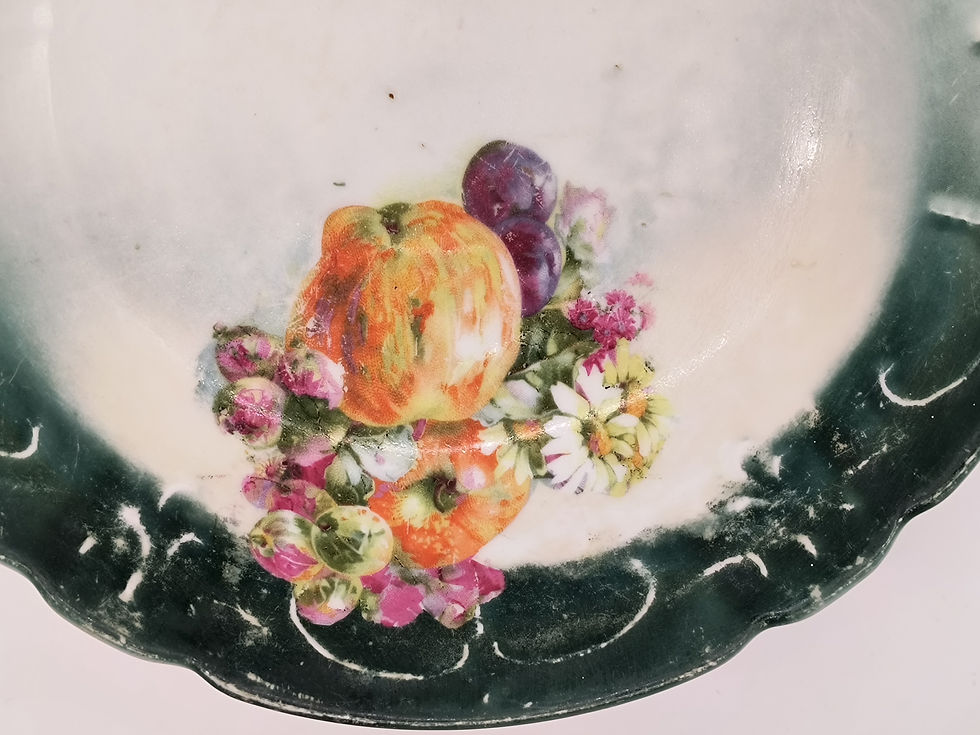 Thumbnail: 11" Vintage porcelain plate-  Scalloped rim with a green overlay, central fruit 