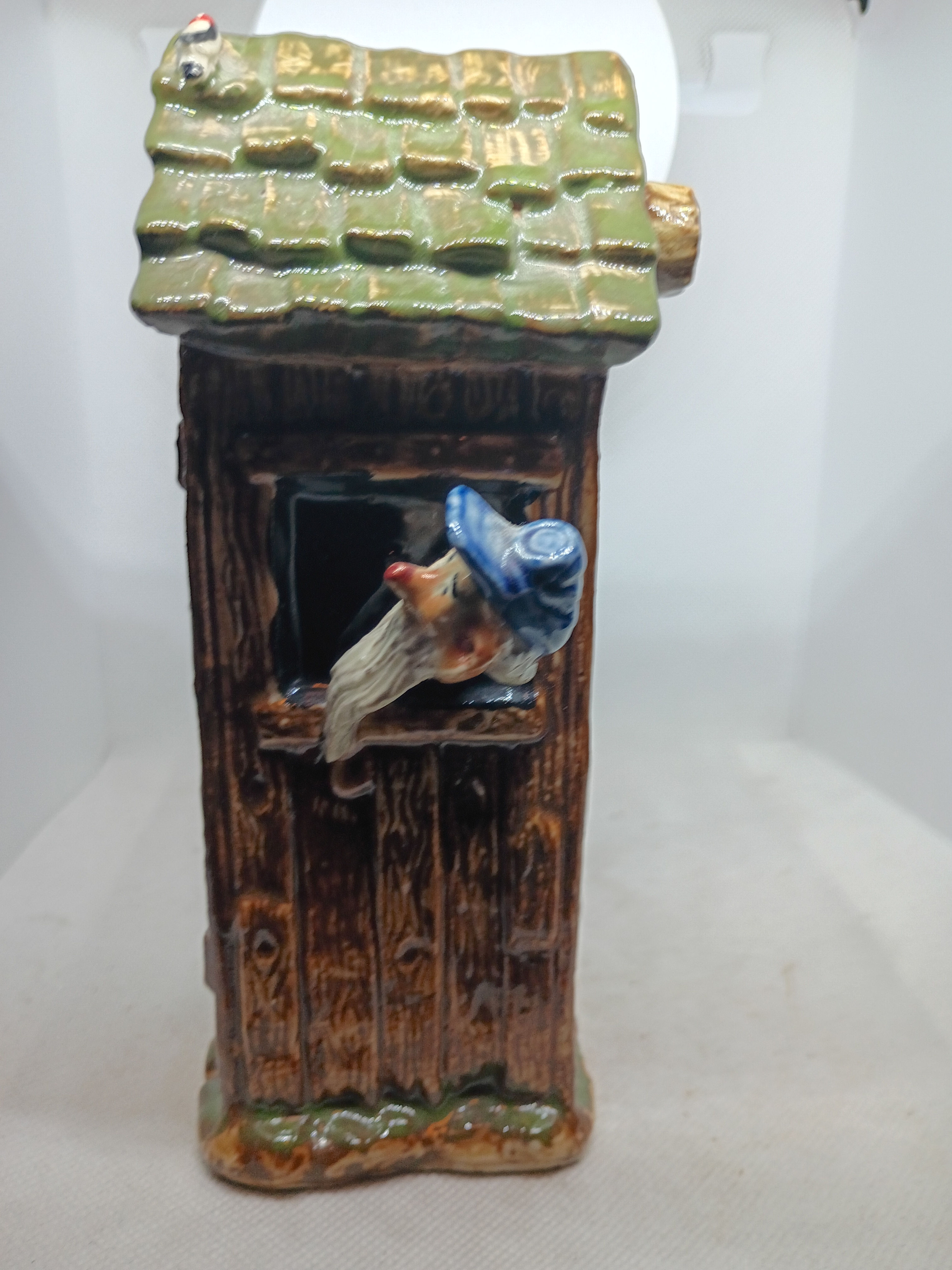 7.25" "Vintage 1946 ceramic outhouse talc container "Blue Ridge Mountain Boys"
