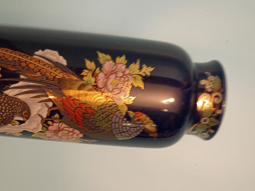 Thumbnail: 12" tall dark blue glass vase with  decorative peacock design- made in Japan