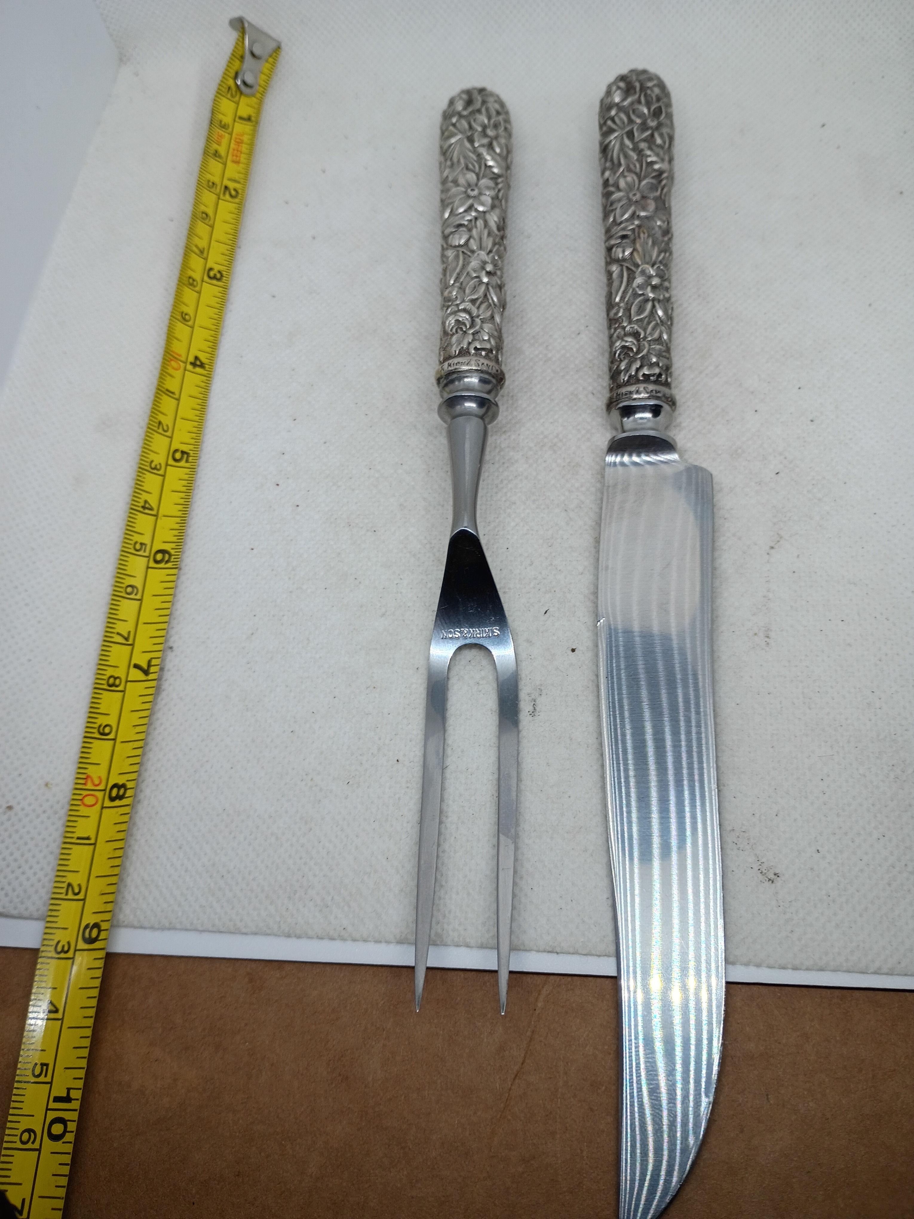 9" Fork, 11" knife- sterling silver- antique steak carving set- handles sterling