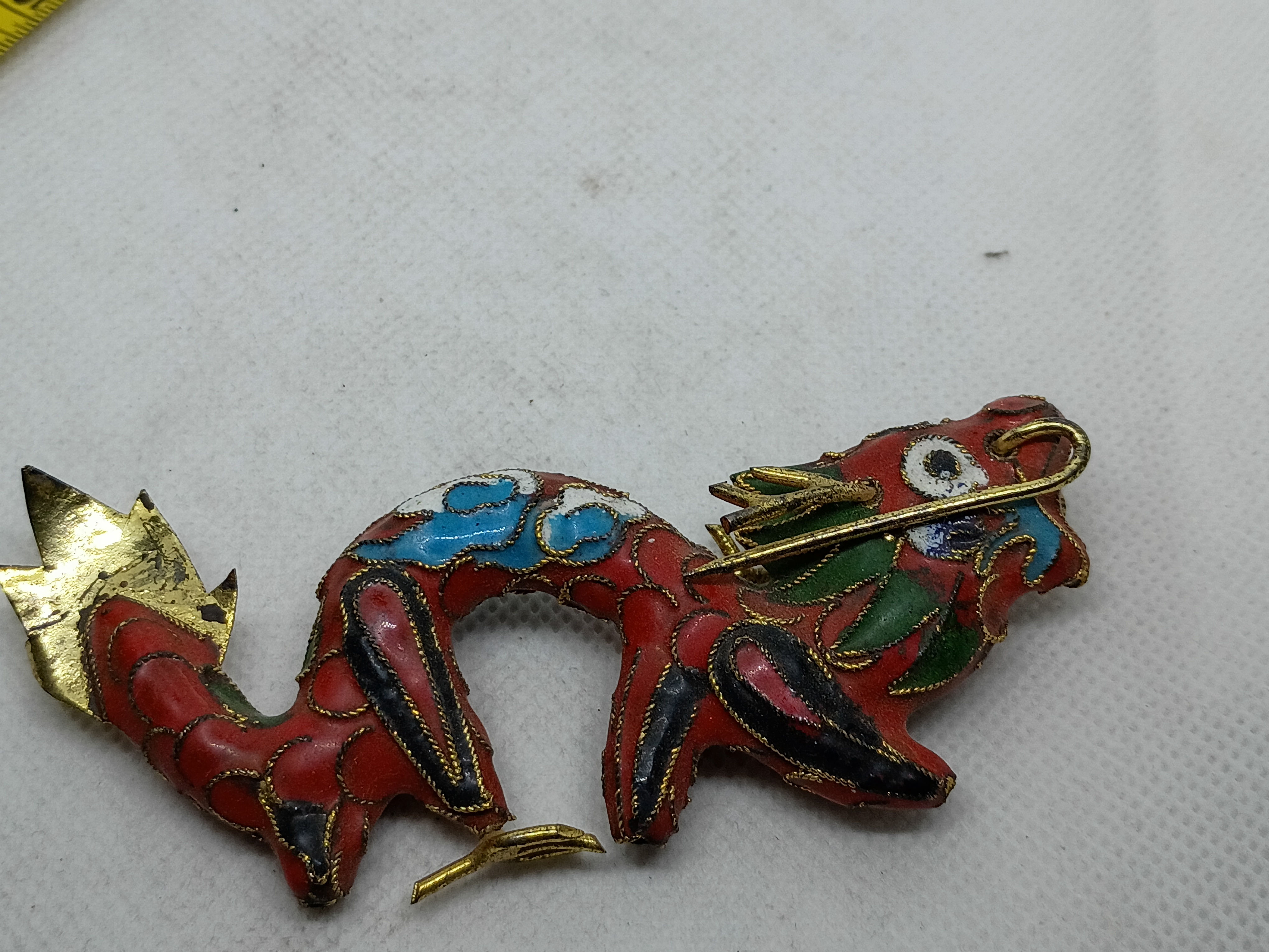 4" Vintage Chinese red and gold cloisonné dragon brooch