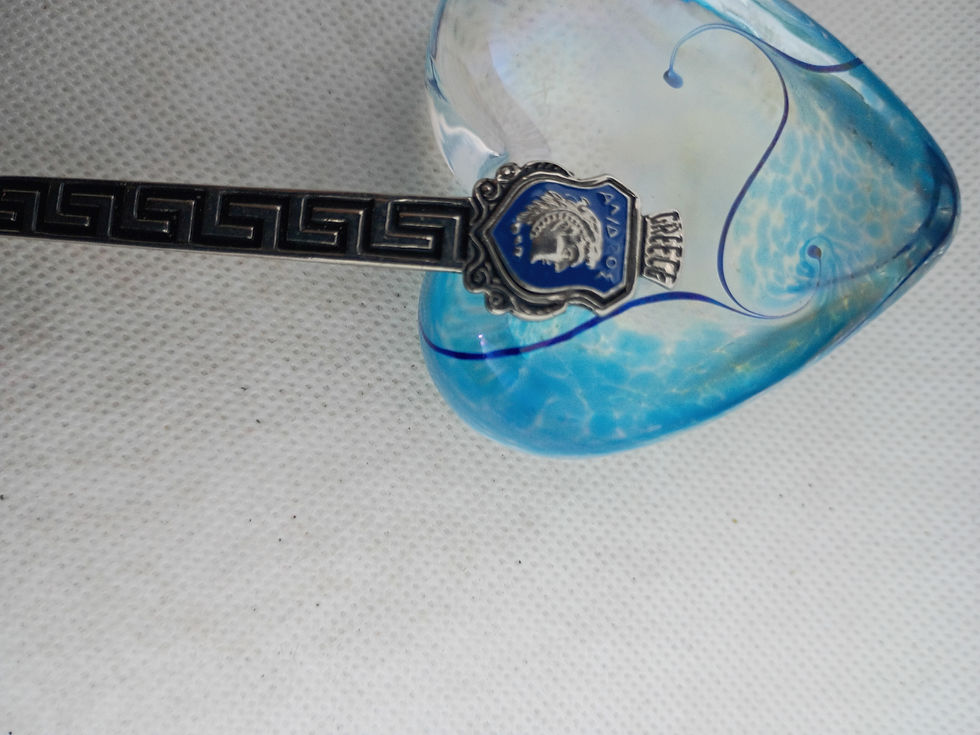 Thumbnail: 4.5" - vintage collectible Greek souvenir spoon featuring a blue enamel shield