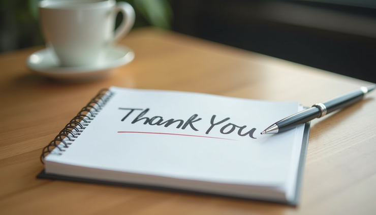 Eye-level view of a neatly written thank you note on a wooden desk