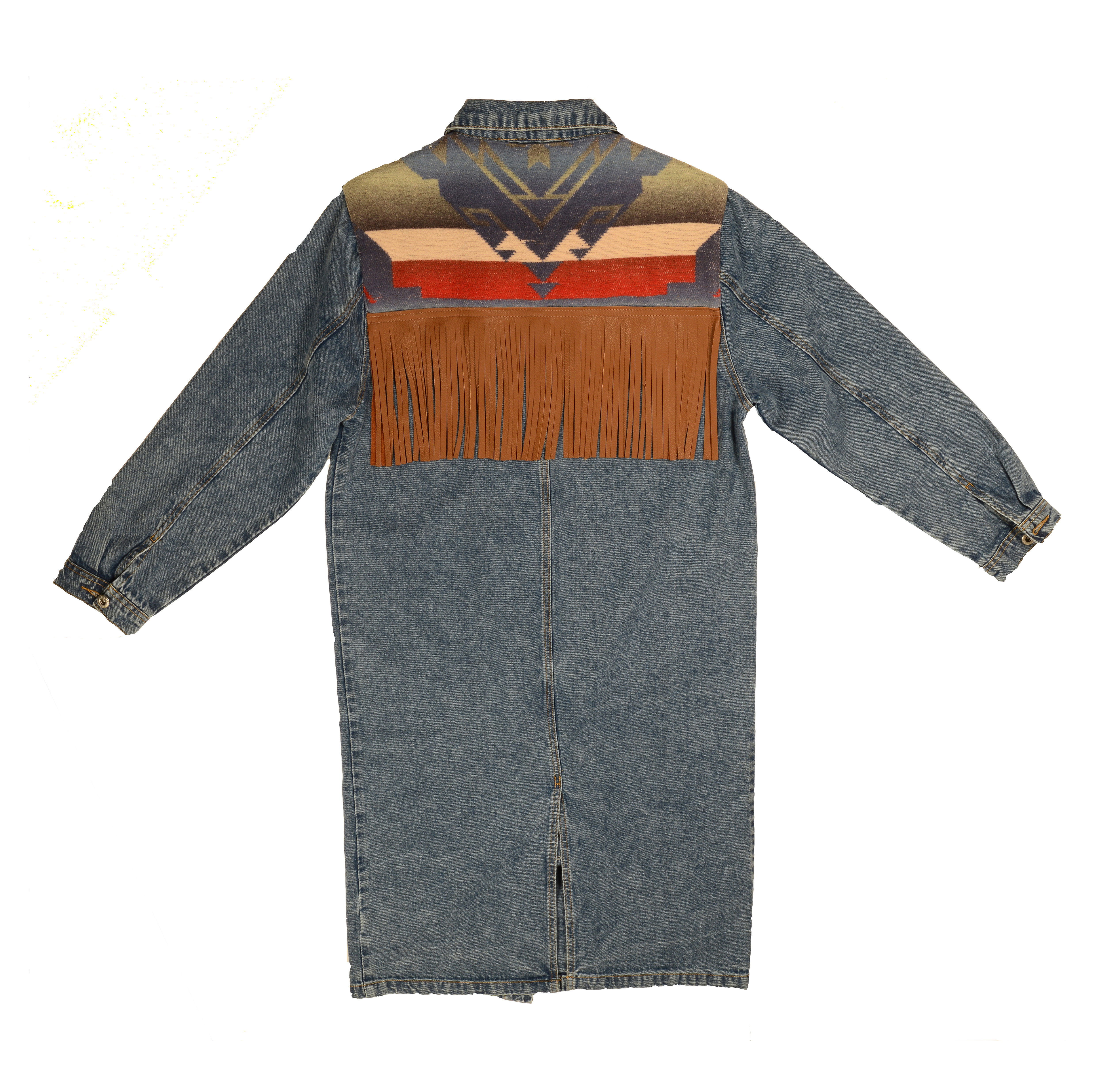 Denim Trench  Coat - Leather Fringe Embellished Vintage Beacon