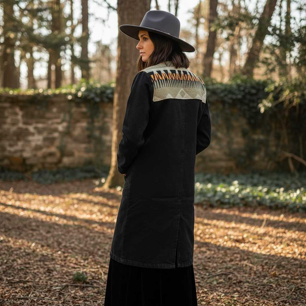 Ladies Denim Trench Black Coat - Green Black Diamond
