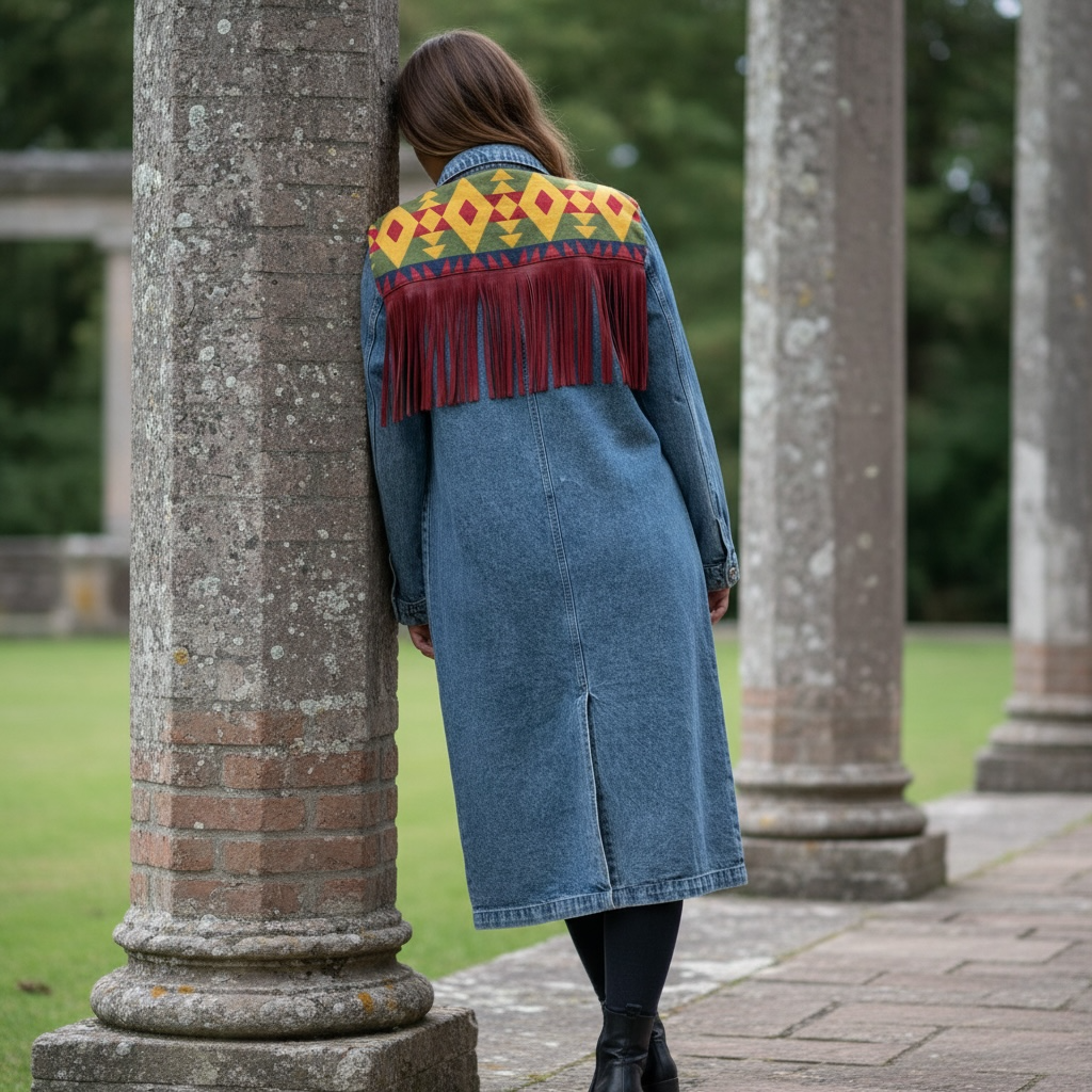Ladies Denim Trench Coat - Multi Point Red Leather Fringe