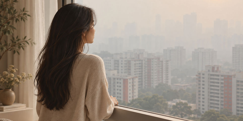 Singaporean woman looking out to a hazy skyline