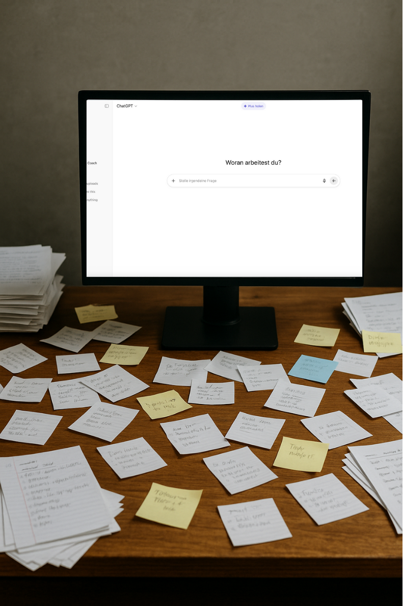 Chaotischer Schreibtisch mit Notizen und Post-its, auf dem Monitor ist ChatGPT