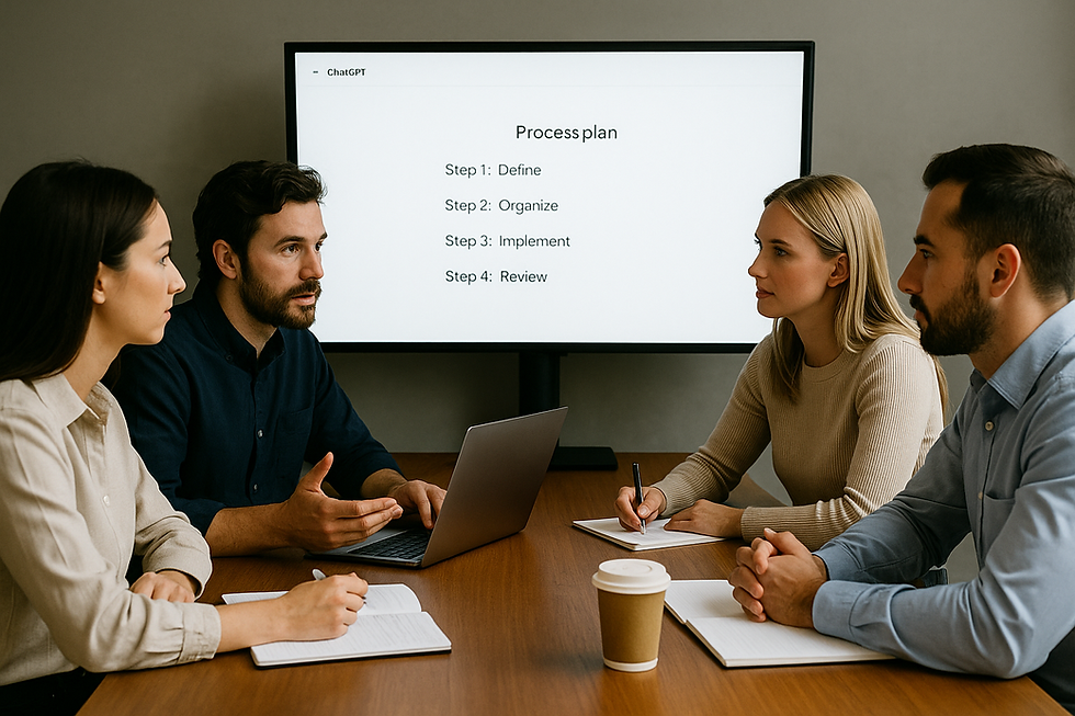 Vier Personen diskutieren am Tisch, im Hintergrund zeigt ChatGPT auf einem Bildschirm einen klaren Prozessmanagement-Plan