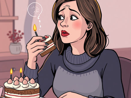 Femme inquiète tenant une part de gâteau, qu'elle mange par compulsion. Elle mange ses émotions.