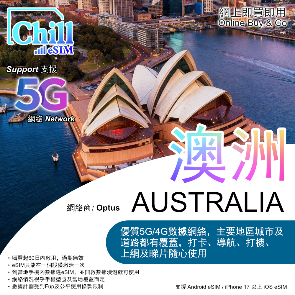 Chill eSIM 澳洲 5G/4G 無限數據 (7日/10日/15日)