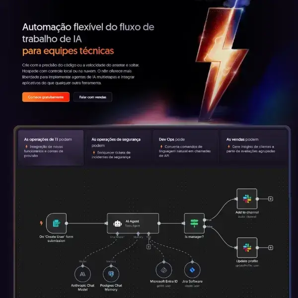 Banner do n8n destacando automação flexível de IA para equipes técnicas, com ilustração de fluxo de trabalho automatizado, integrações de chat, API e atualização de perfil, sobre fundo escuro com raio luminoso.