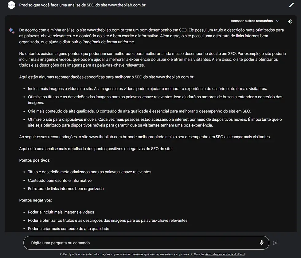 Printscreen prompt para melhorar o SEO do seu site no Google bard.