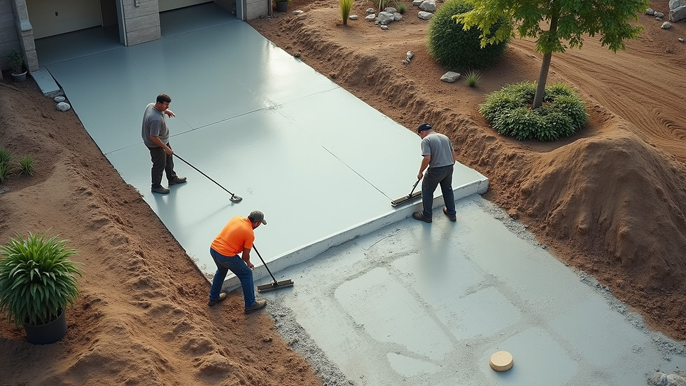 High angle view of concrete driveway under construction with workers smoothing surface