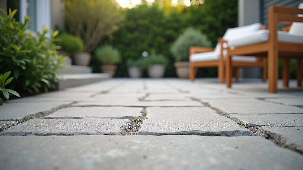Eye-level view of a concrete patio with stamped stone pattern and outdoor furniture