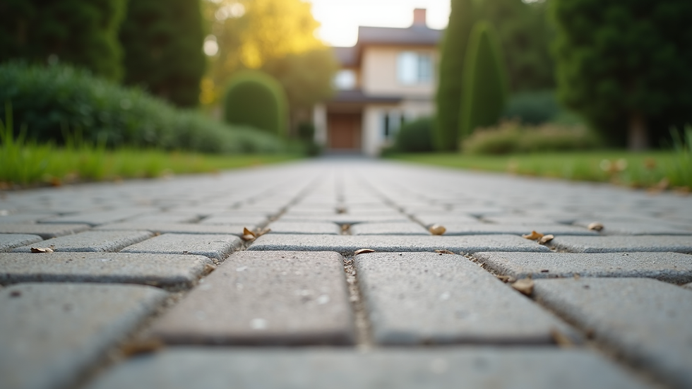Eye-level view of a driveway paved with interlocking concrete pavers