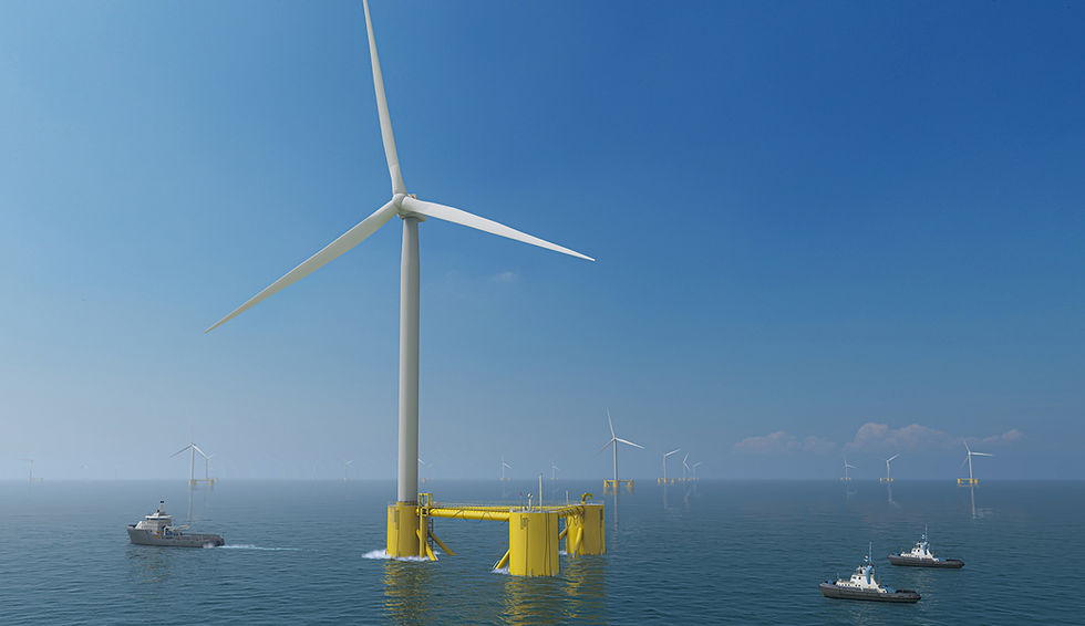 Ship towing completed floating wind turbine to offshore wind farm