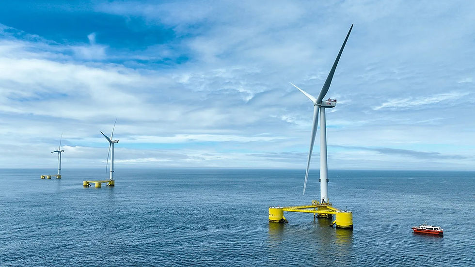 3/4 view of three floating offshore wind turbines in a row